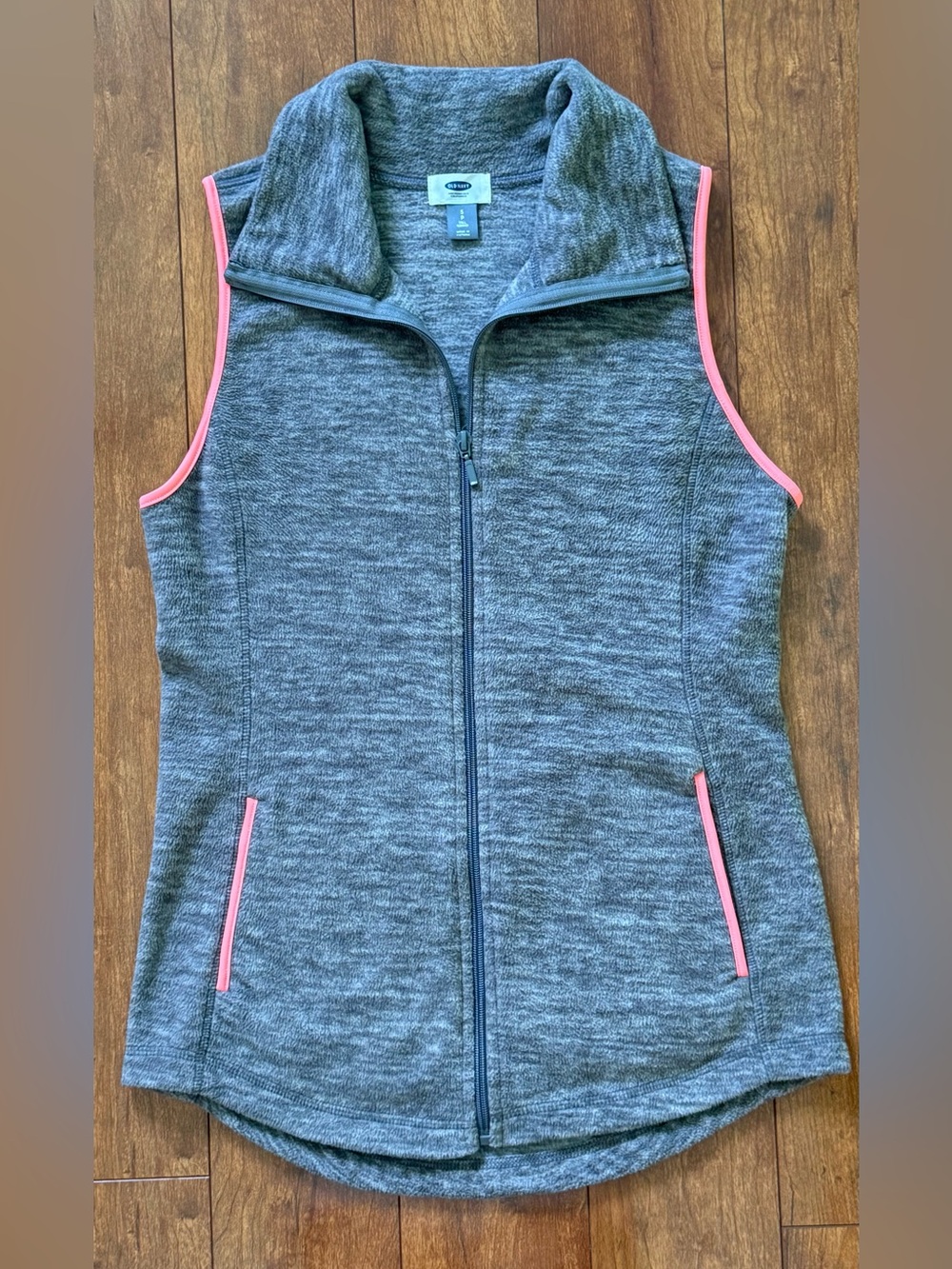 Old Navy Heather Gray Full-Zip Fleece Vest with Pink Piping Trim - Size S Tall
